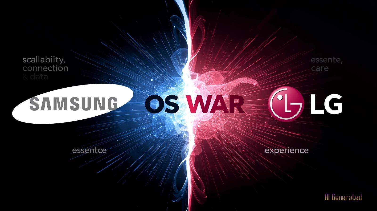 삼성 로고와 LG 로고가 중앙의 OS 전쟁(OS WAR) 텍스트를 중심으로 대립하며 푸른색과 붉은색 에너지가 충돌하는 인포그래픽 이미지.