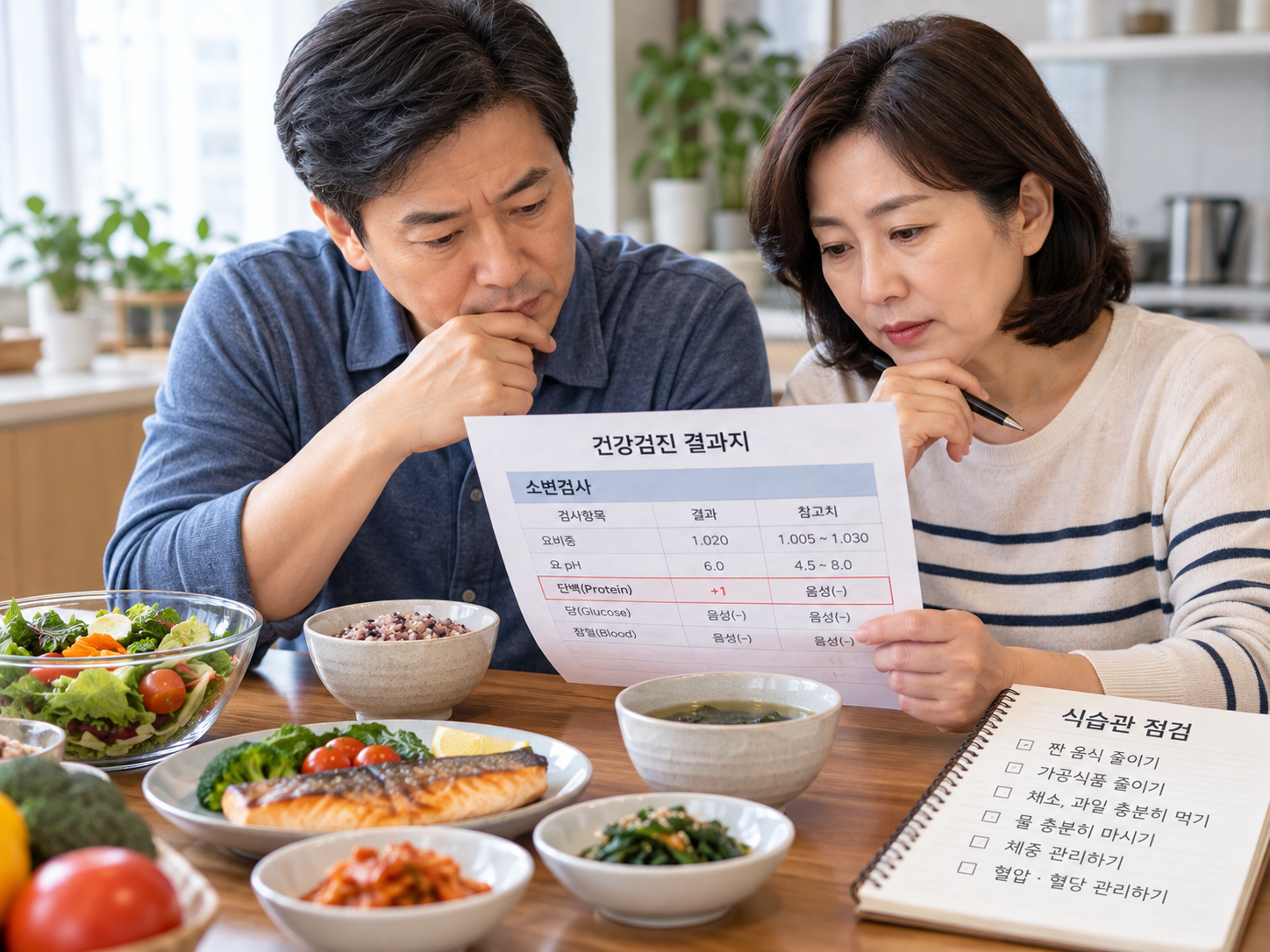 식탁에서 건강검진 결과지를 살펴보며 식습관을 점검하는 중년 부부