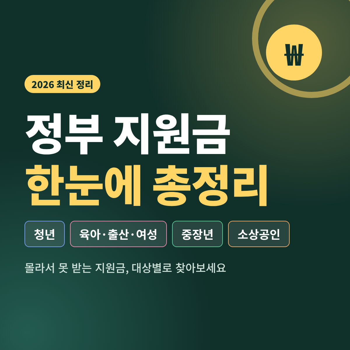 정부 지원금 한눈에 총정리_청년,육아&middot;출산&middot;여성,중장년,소상공인