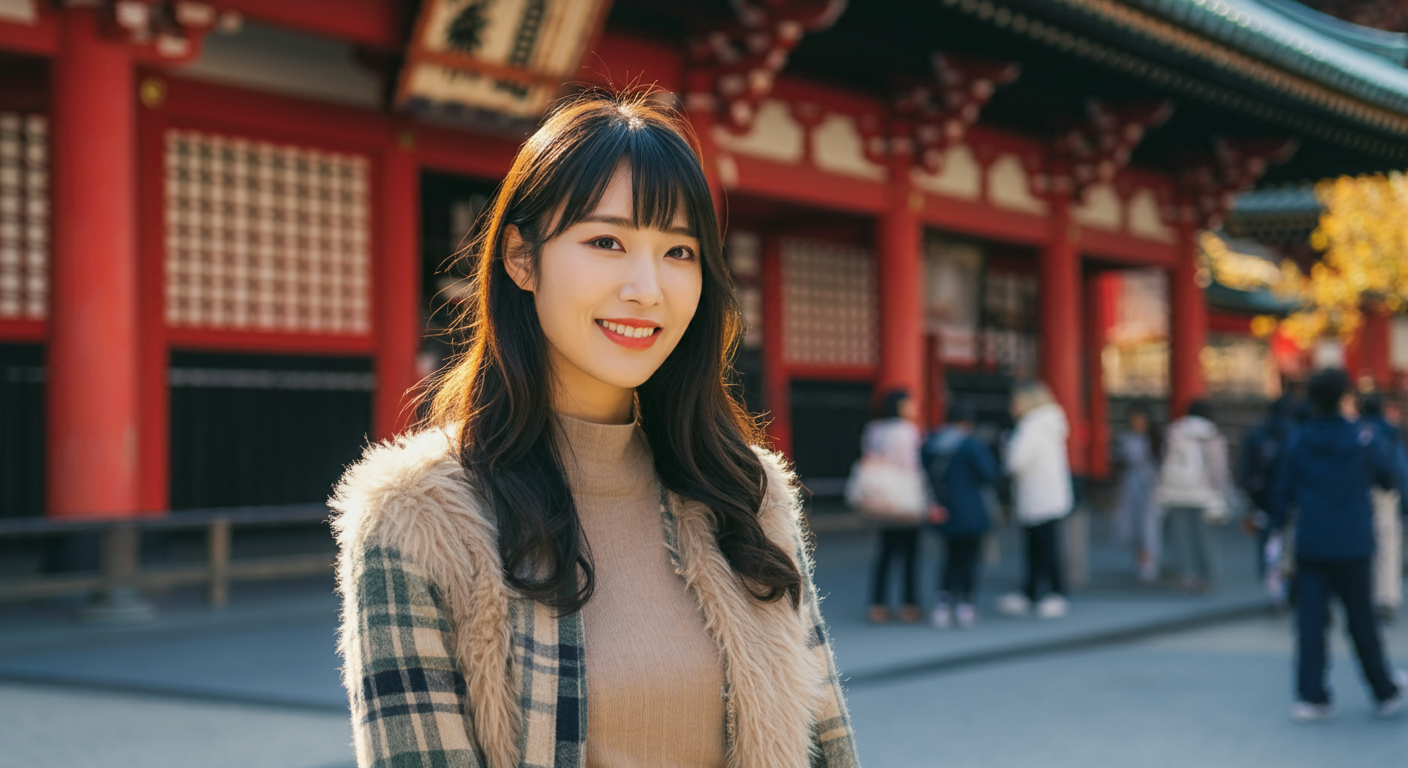 가부키 극장 앞에서 데이트를 하는 귀여운 한국인 여자