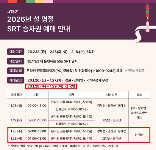 1월 28일과 29일에 진행되는 2026년 설 SRT 전 국민 일반 예매 일정 공식 안내문 캡처