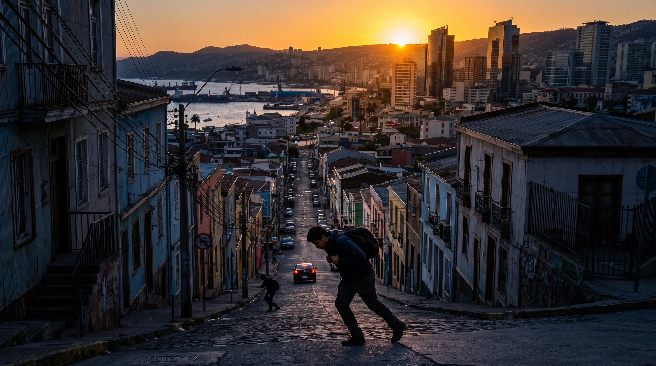 A high-angle perspective of a steep urban slope in a coastal city. Pedestrians are seen leaning forward as they walk up the incline. In the background, modern skyscrapers are visible. The lighting is dramatic, emphasizing the physical effort of climbing. Photorealistic, wide angle.