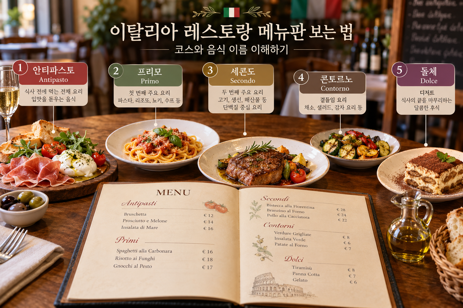 이탈리아 레스토랑 메뉴판 보는 법, 코스와 음식 이름 이해하기