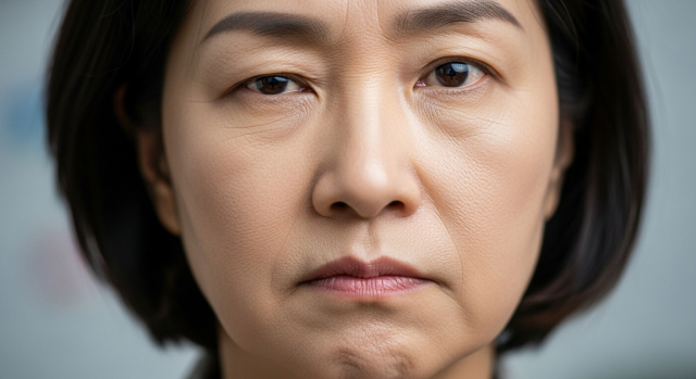 얼굴의 절반이 마비된 중년 여성의 모습