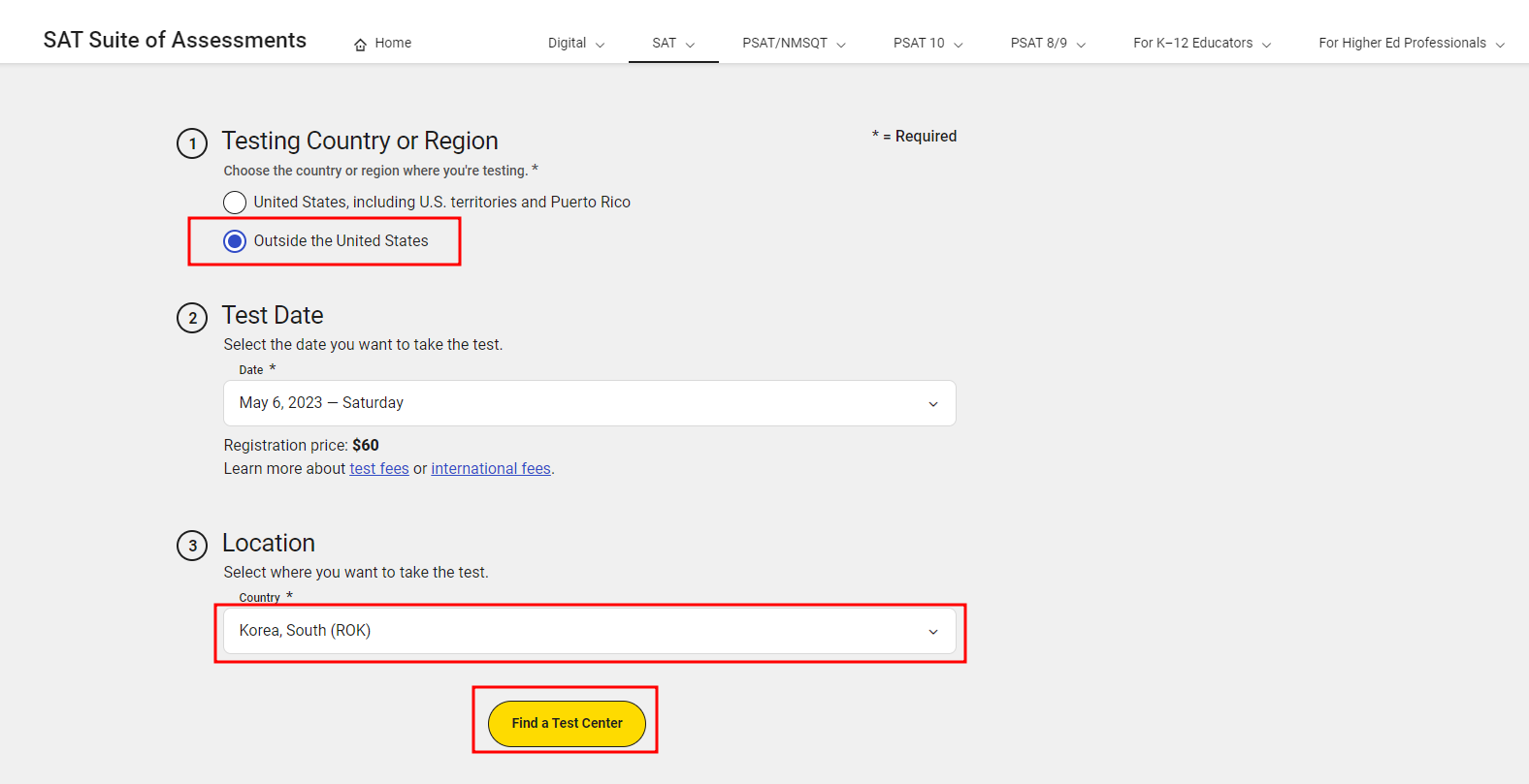 Digital SAT 테스트 센터 찾는 법을 스크린샷으로 설명하고 있다.