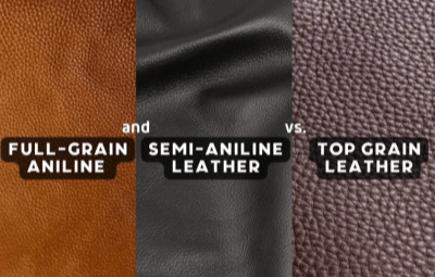 아닐린 탑 그레인 가죽, 세미 아닐린 탑 그레인 가죽, 탑 그레인 가죽 비교 사진