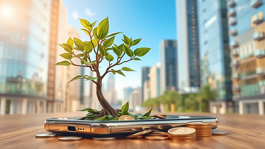 스마트폰에서 나무가 자라고 돈이 떨어져 있는 돈나무 키우기 이미지