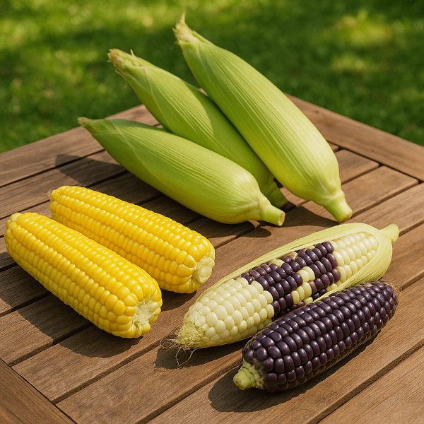 초당옥수수와 찰옥수수가 나무 테이블위에 올려져있는 모습