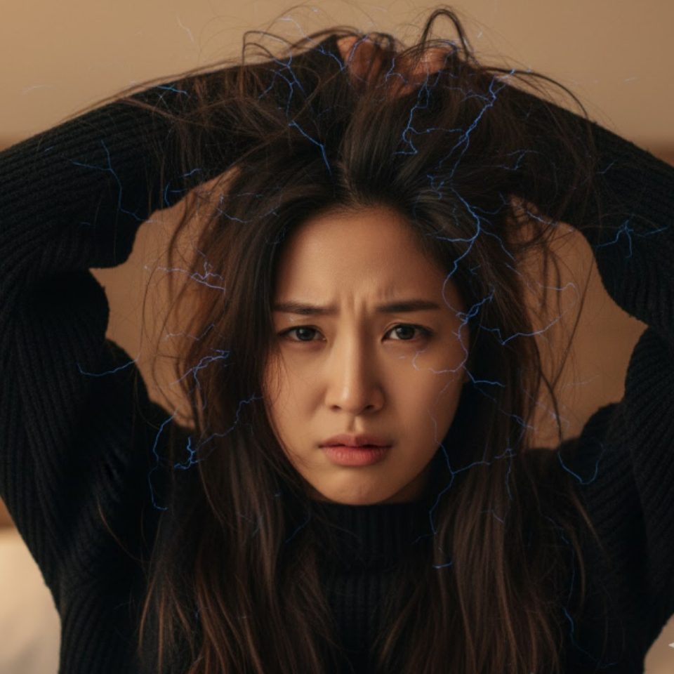 목폴라 를 벗을 때 정전기로 인해 머리카락이 쭈뼛 서는