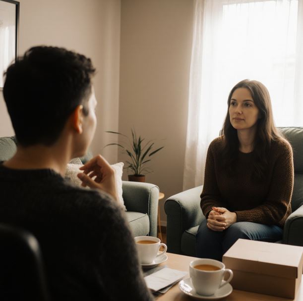 편안한 상담실에서 두 사람이 마주 앉아 있는 모습