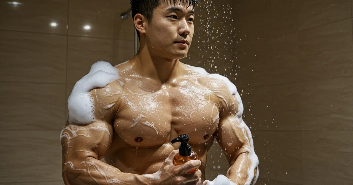 샤워실에서 바디워시 제품을 들고 있는 운동선수 이미지