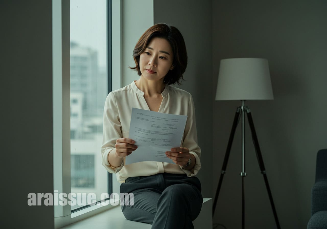 한국 여성이 창가에서 건강 관련 문서를 보며 암에 대한 생각에 잠겨 있는 장면입니다. 현대적인 실내 배경과 자연광이 조화를 이루며 분위기를 강조합니다.