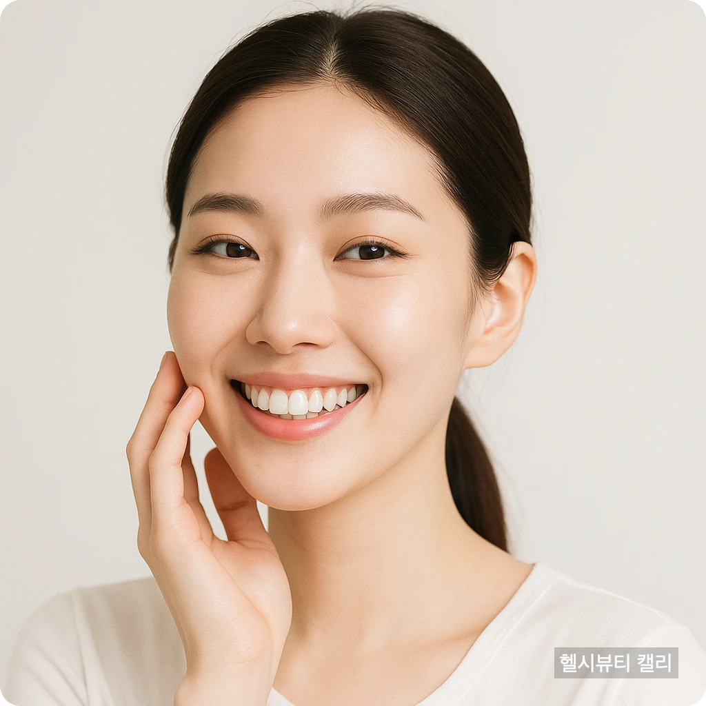 환하게 미소 짓는 20대 여성의 클로즈업 썸네일 이미지. 깨끗한 피부와 가지런한 치아가 강조됨.