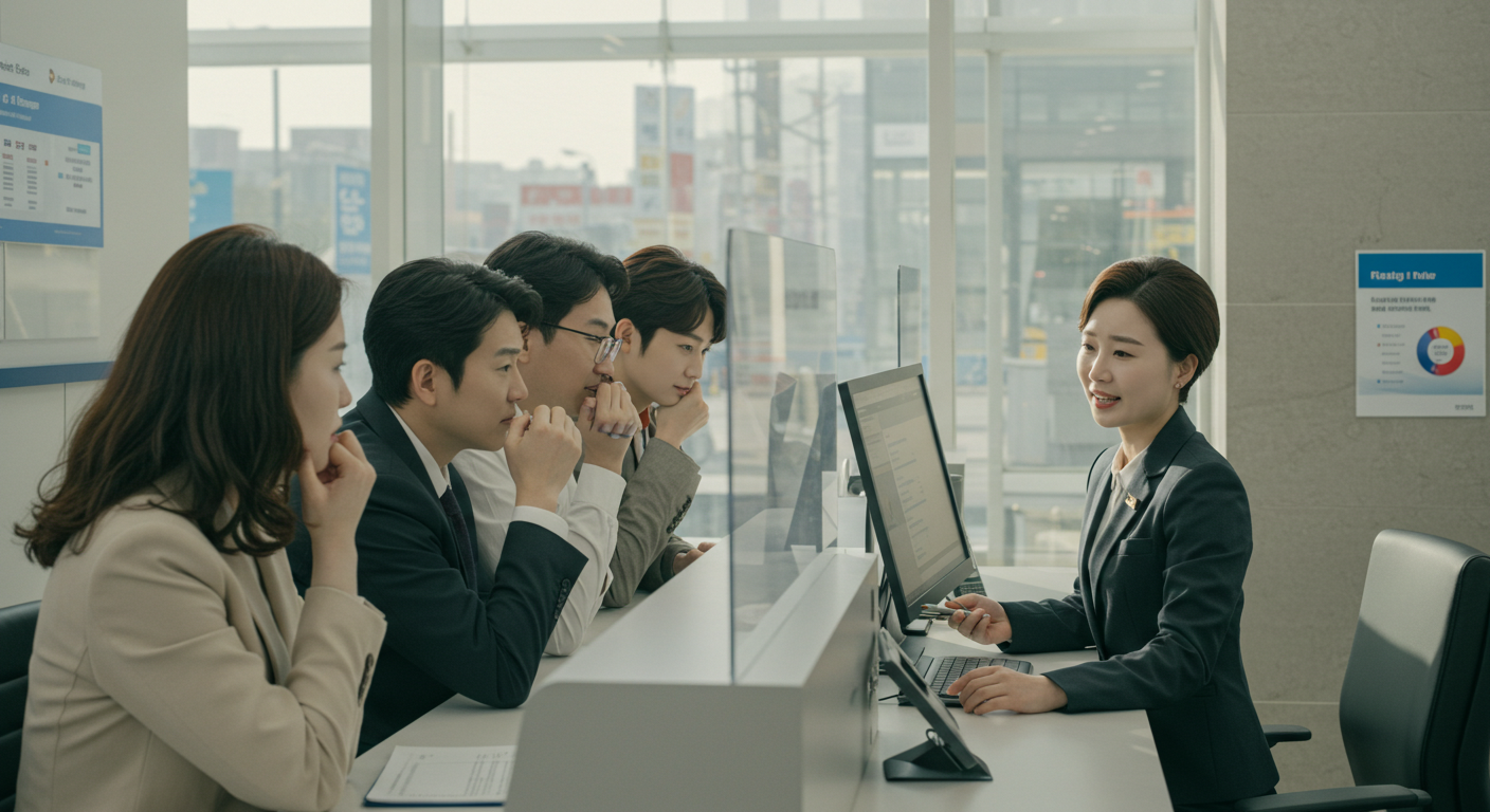 은행에서 고정금리와 변동금리 중 어떤 것을 선택할지 고민하며 혼란스러워하는 고객들의 모습.