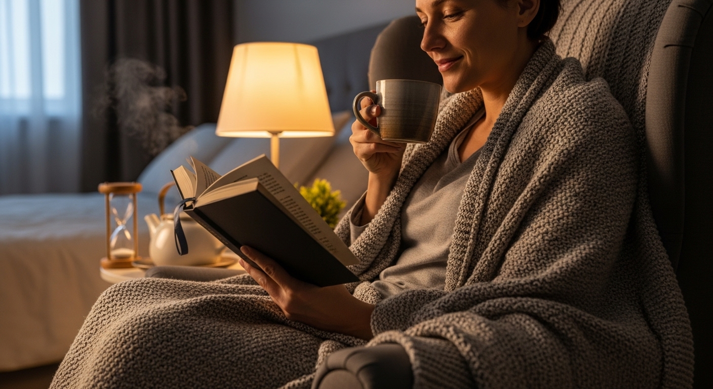 따뜻한 허브차를 마시며 책을 읽는 편안한 잠자리 전 루틴 모습