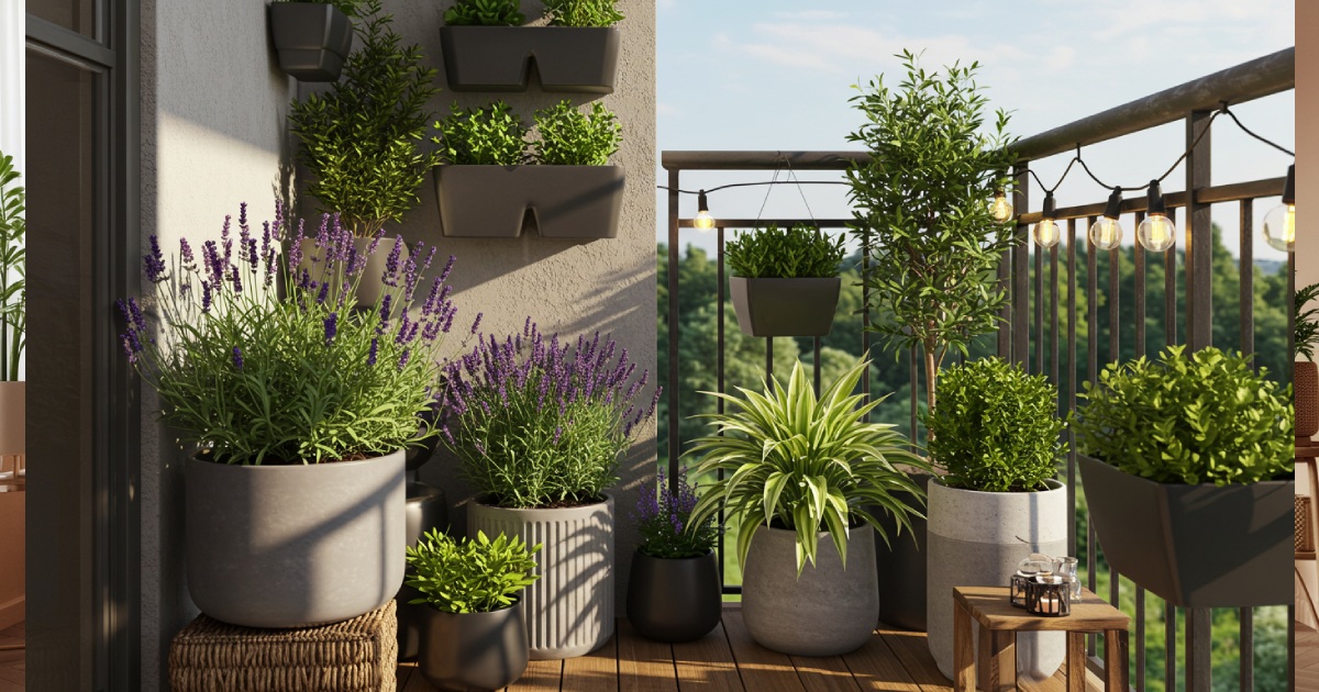 라벤더, 스파이더 플랜트, 박스우드가 있는 아파트 베란다 정원
