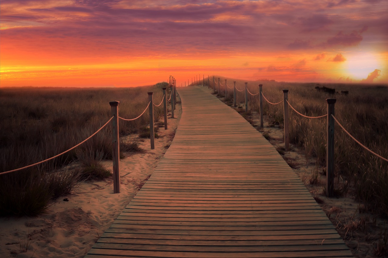 들판의 중앙에는 데크가 놓여진 산책길이 지평선 넘어로 이어지마 아름다운 노을의 사진