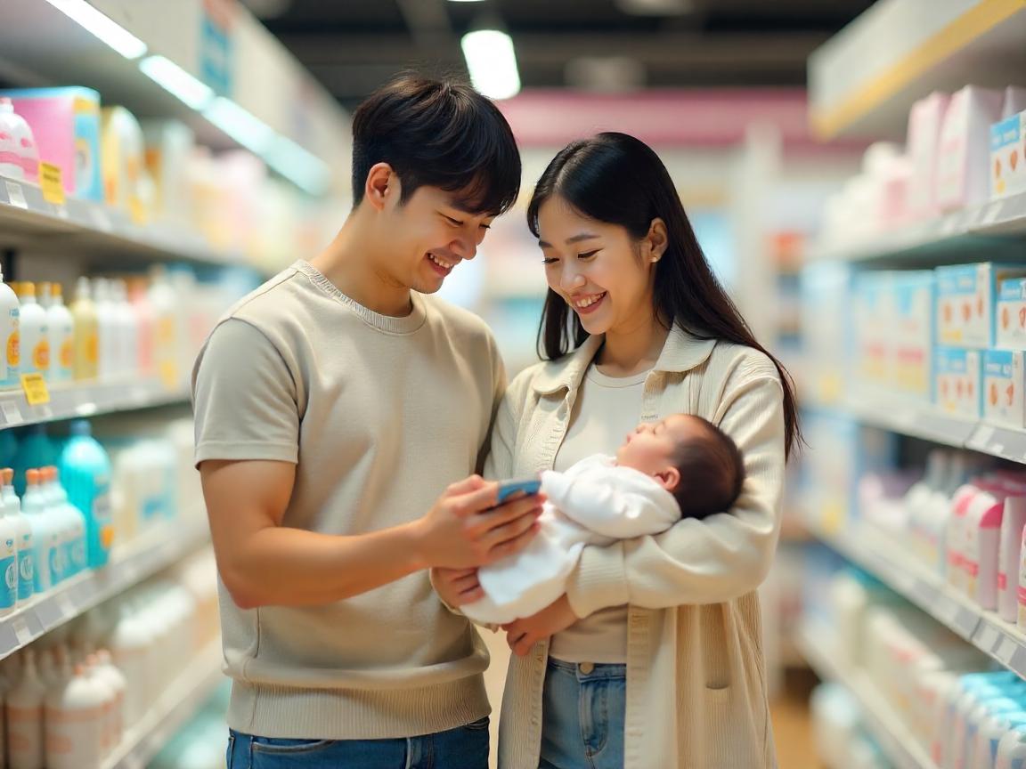 젊은 부부가 신생아를 안고 미소 짓고 있는 모습
