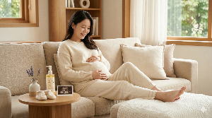 아늑한 거실에서 초음파 사진과 산전관리 제품을 곁에 두고, 배를 부드럽게 감싸며 미소 짓는 행복한 임산부
