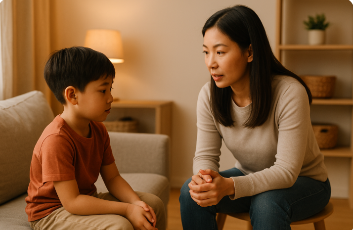 어머니가 아들과 마주 앉아 차분하게 대화하는 모습
