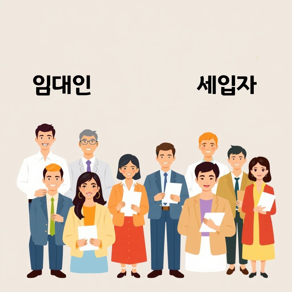 다양한 사람들의 모습(예: 임대인, 임차인, 공인중개사)이 보이고, 그 위에 '임대인', '임차인'이라는 키워드가 강조되어 있습니다. 이들이 계약서나 관련 서류를 들고 있는 모습도 함께 넣어, 계약 당사자들이 신고의 주체임을 명확히 합니다. 친근하면서도 정보 전달에 초점을 맞춘 디자인입니다.