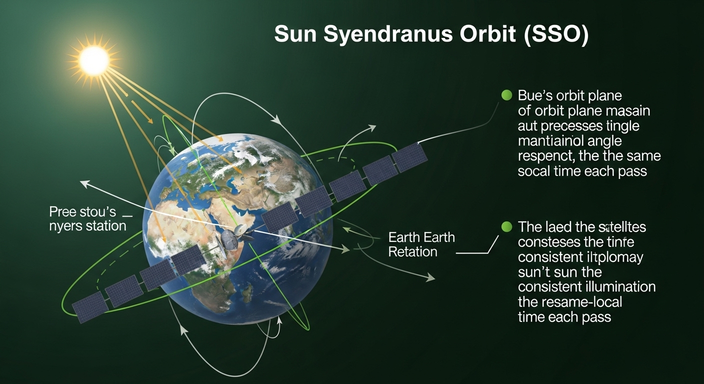 지구 주위를 돌며 항상 같은 시간에 태양 빛을 받는 태양동기궤도 위성의 원리를 보여주는 간결한 인포그래픽.