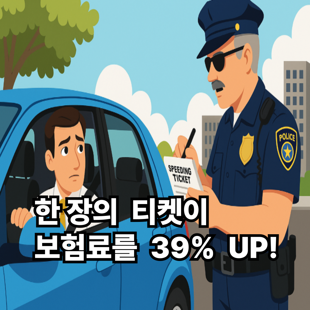 밝은 도시 배경 속에서 경찰관이 파란색 차량 운전자에게 **속도위반 티켓(SPEEDING TICKET)**을 발부하고 있는 이미지