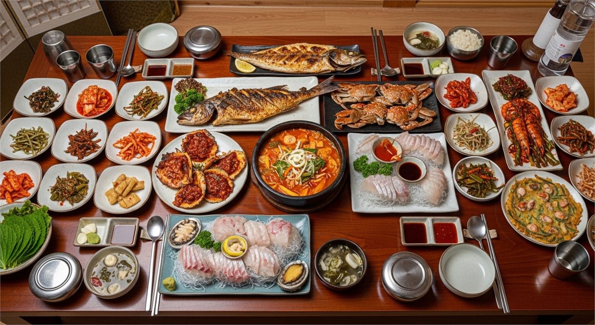  이수도 1박3식의 푸짐한 해산물 밥상 장면 