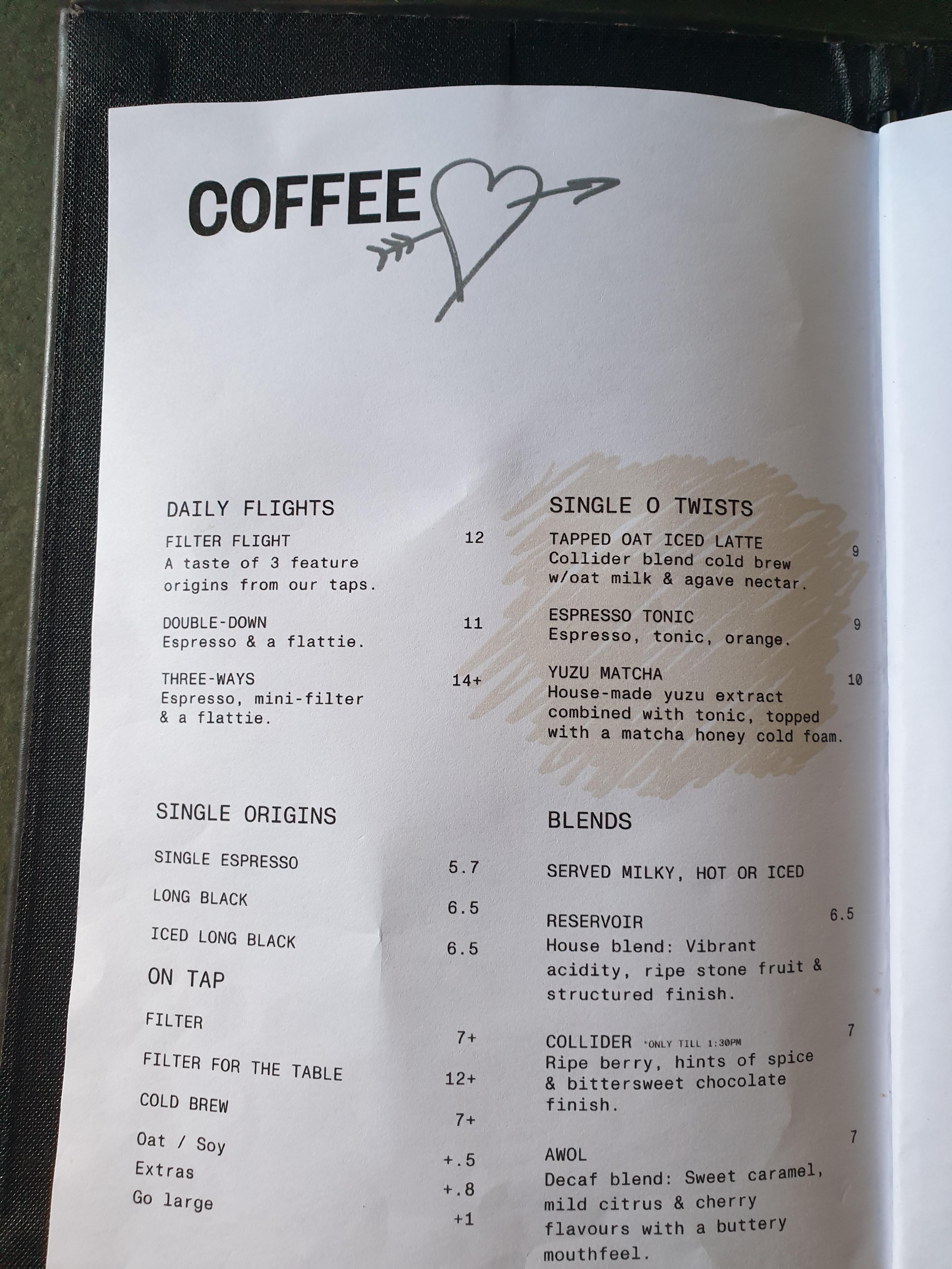 시드니 3대 커피, 싱글오(Single O) 리얼 방문기_커피 메뉴
