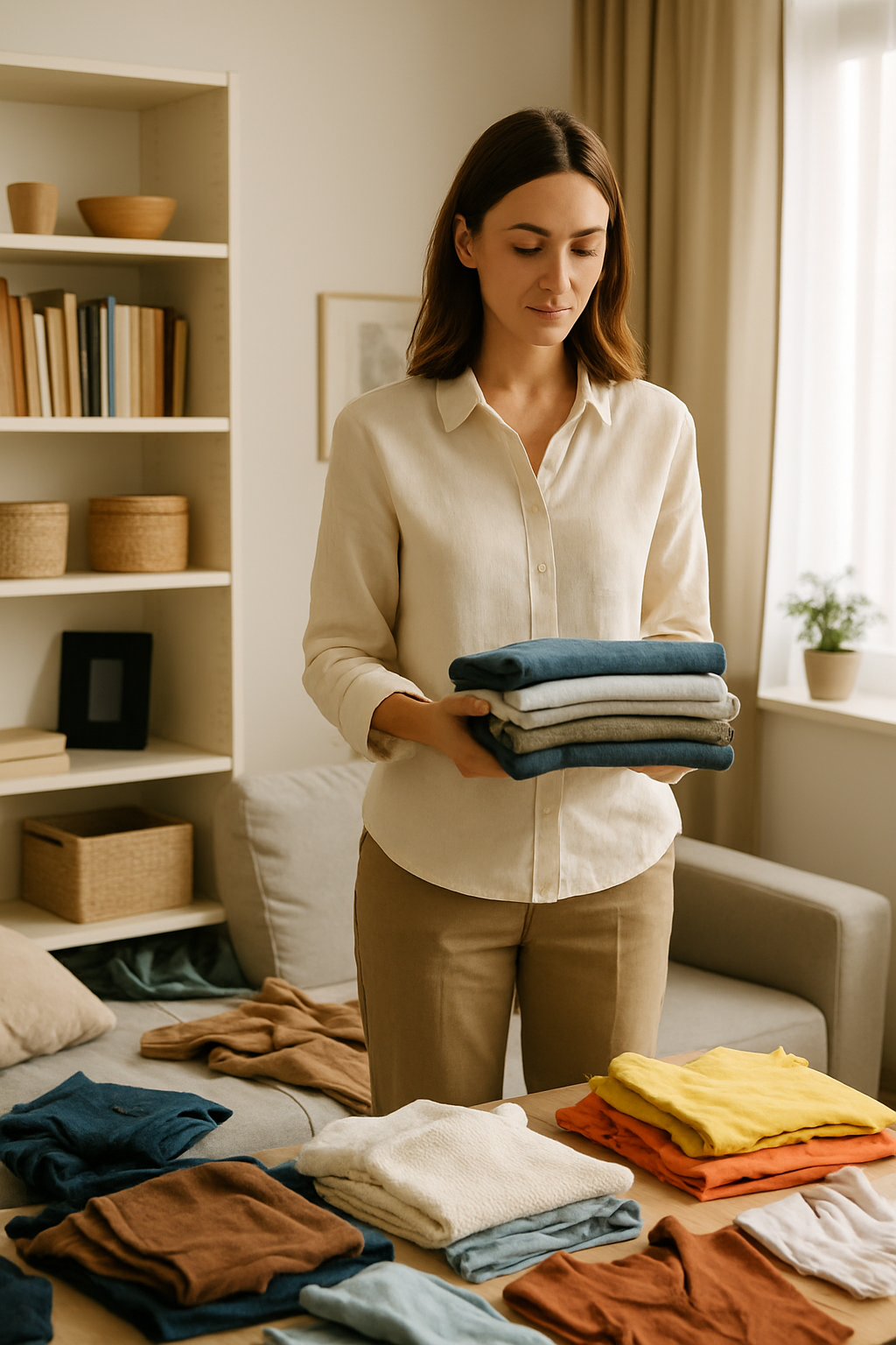 옷정리하고 있는 여자 모습