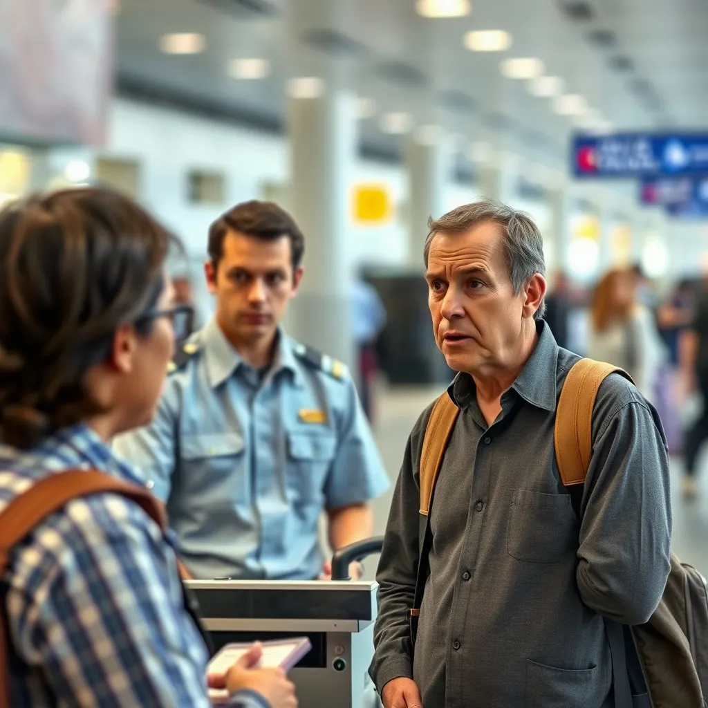 공항 안내 데스크나 임시 설치된 테이블 앞에서 유니폼을 입은 공항 직원이 난처한 표정으로 설명하고 있고, 그 앞에는 이해하기 어렵다는 표정으로 항의하거나 질문하는 시민이 서 있습니다. 혼란스러운 상황 속의 소통의 어려움을 보여줍니다.