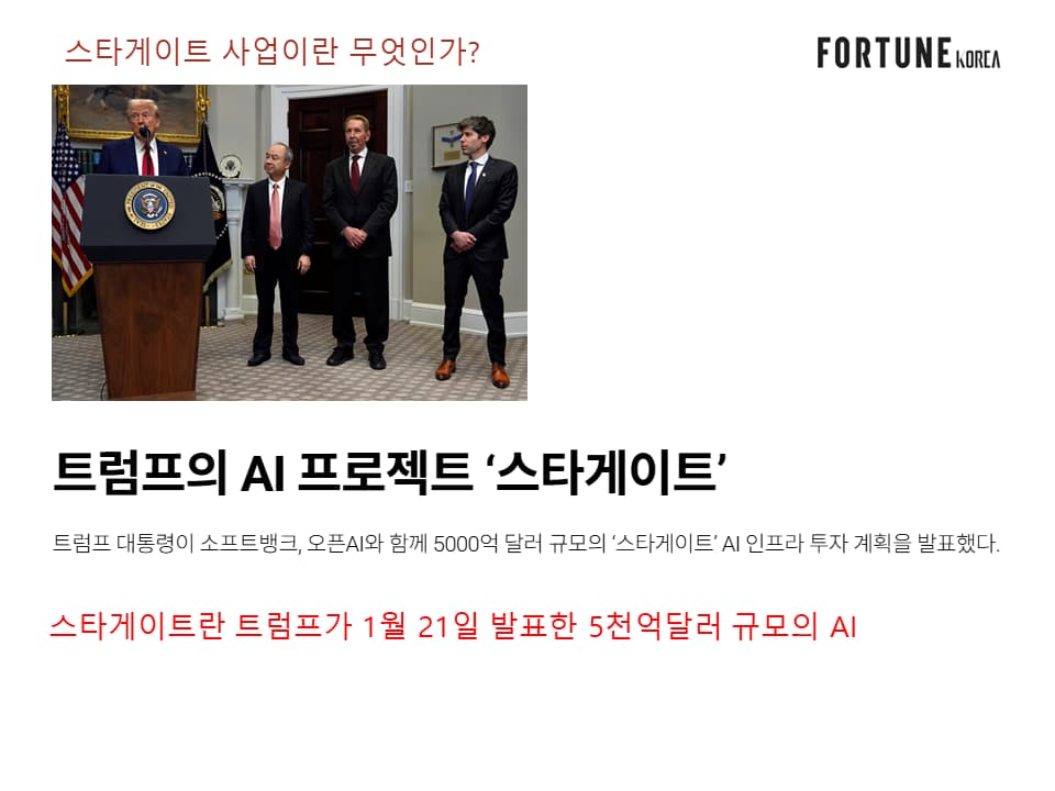 스타게이트가 뭔가? 
트럼프가 발표한 5천억 달러 규모의 AI 데이터 센터 프로젝트