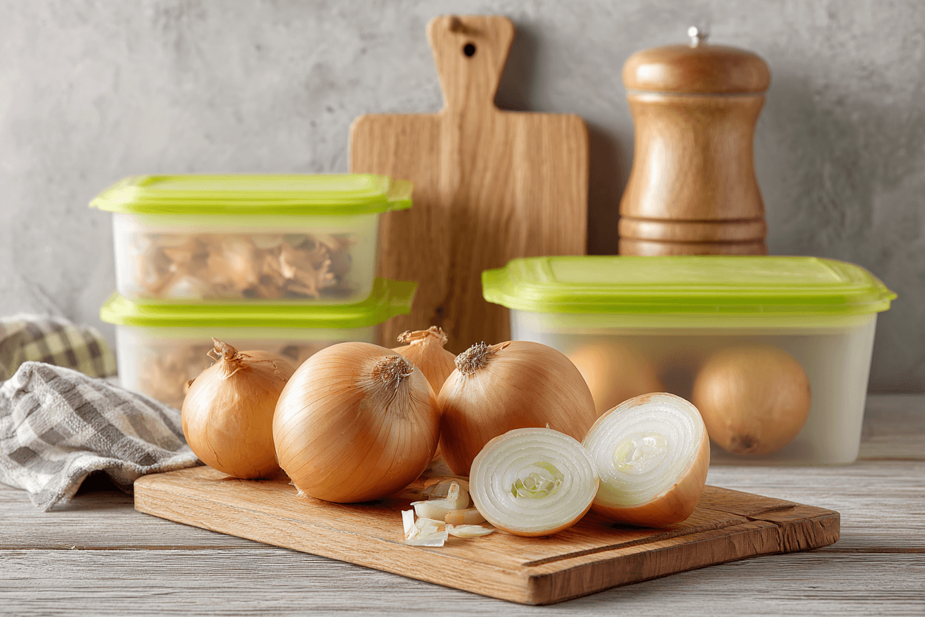 도마-위의-양파들과-용기에-담긴-양파