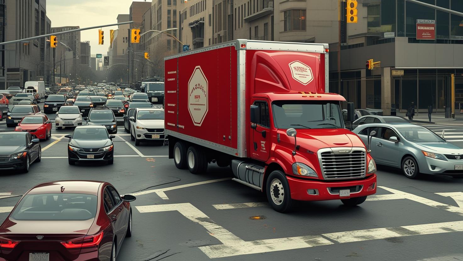 교통이 혼잡한 도로 위에서 이삿짐 트럭이 신호 대기중인 상황