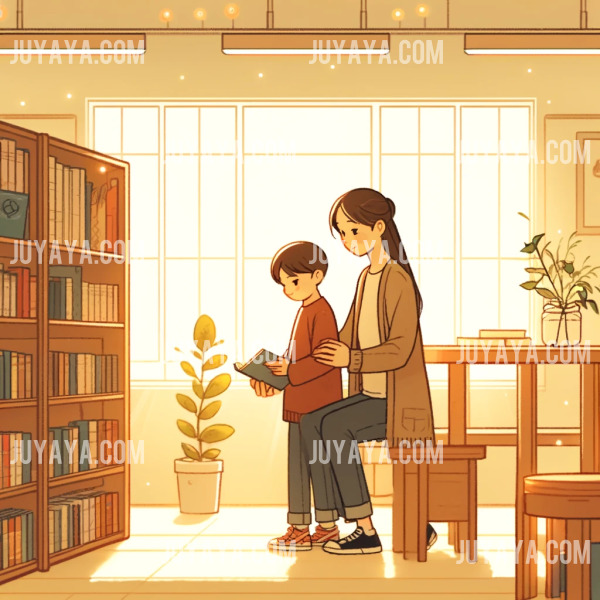 밝은 도서관에서 부모와 아이가 함께 책을 고르며 즐거운 시간을 보내는 웹툰 스타일 일러스트. 정돈된 책장이 배경으로 평화로운 분위기를 연출.
