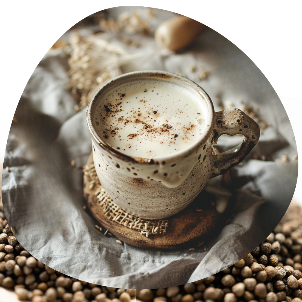 고소한 들깨차 라떼가 담긴 빈티지 도자기 머그잔, 따뜻한 천과 들깨 위에 놓인 장면