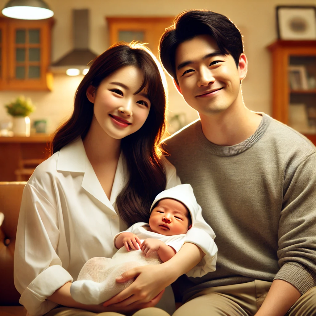 신생아를 품에 안고 거실에 앉은 한국인 가족의 따뜻한 모습