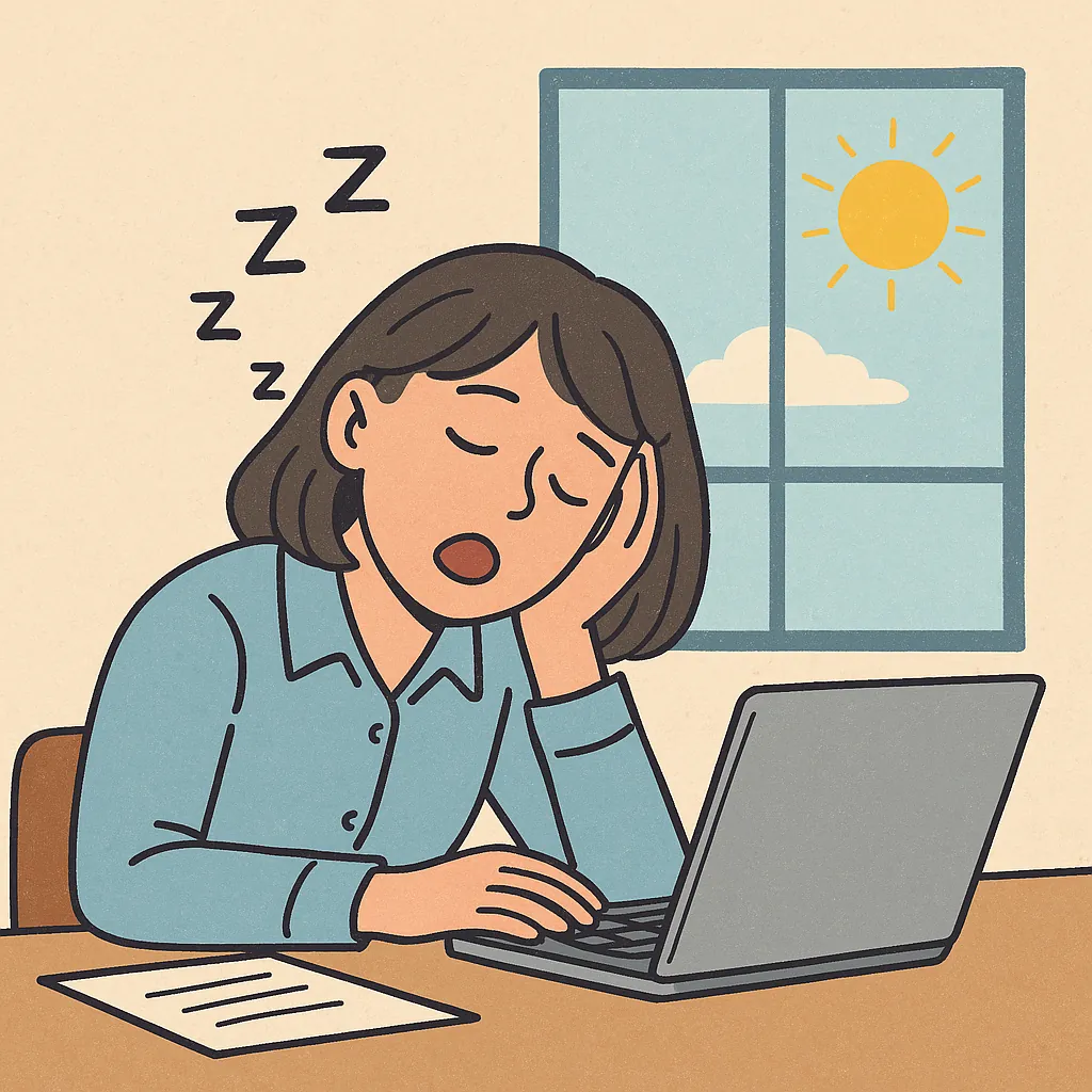 낮에-졸음을-참지-못하고-책상에서-잠든-여성이-창밖의-햇살과-함께-표현된-일러스트로-피로와-생체리듬을-시각화함