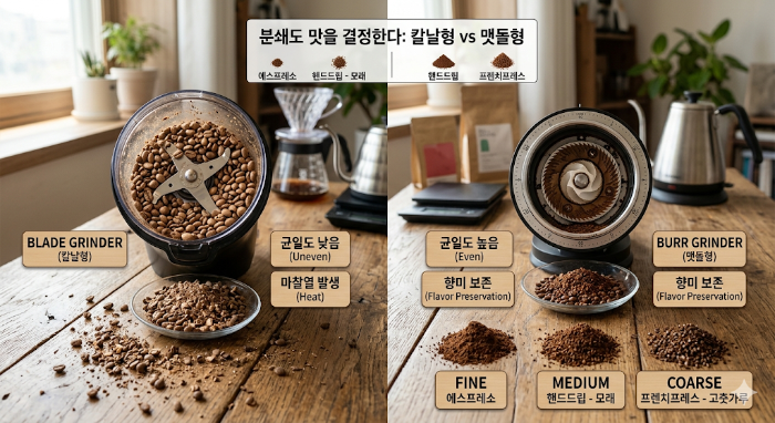 홈카페 원두 분쇄도 가이드: 칼날형 vs 맷돌형 그라인더 비교와 크기 설정 기준