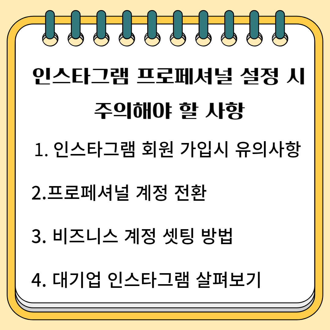 인스타그램 프로페셔널 설정 시 주의해야 할 사항 1. 인스타그램 회원 가입 시 유의 사항 2.프로페셔널 계정 전환 3.비즈니스 계정 세팅 방법 4. 대기업 인스타그램 살펴보기