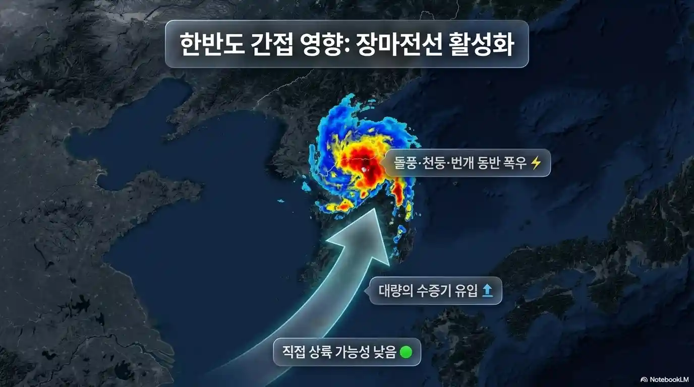 제9호 슈퍼 태풍 바비의 한반도 간접 영향 예상도. 직접 상륙 가능성은 낮지만 장마전선 활성화와 많은 수증기 유입으로 집중호우 가능성을 설명하는 이미지