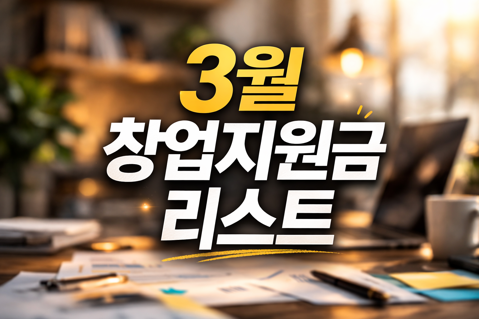 3월 창업지원금 리스트 썸네일 이미지, 2026년 3월 마감 창업 지원사업 공고 정리 배경에 사무실 책상과 노트북이 흐리게 보이는 디자인