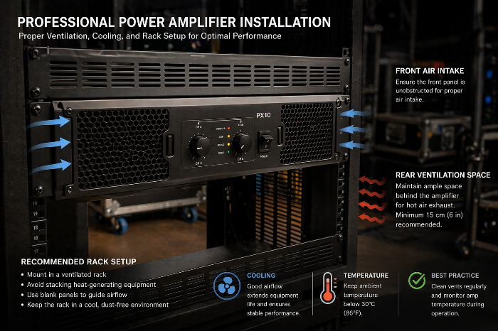 통풍 공간을 확보한 랙 장착형 앰프의 관리 상태를 보여주는 이미지