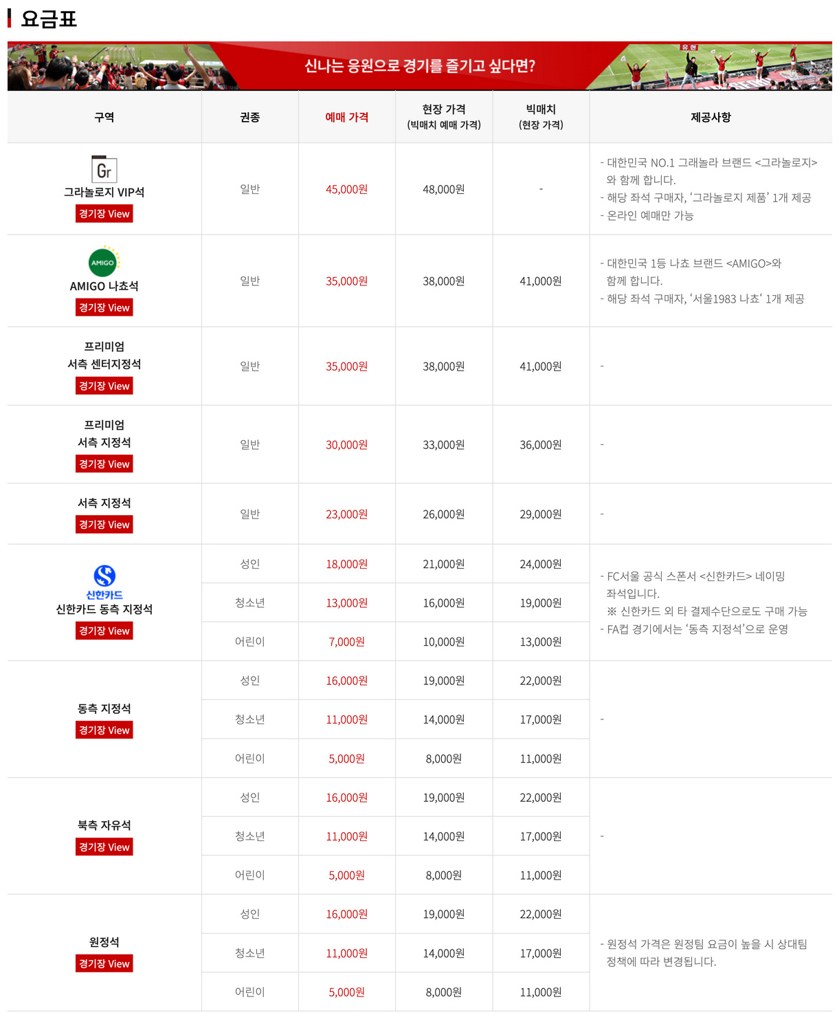 홈구장 요금표