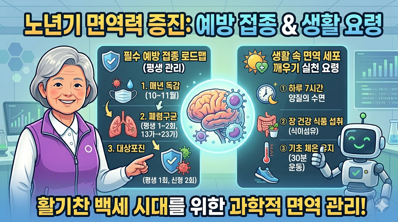 "노년기 면역력 증진을 위한 3대 필수 예방 접종(독감, 폐렴, 대상포진) 로드맵과 3가지 생활 수칙(수면, 체온, 장 건강)을 요약한 전문 인포그래픽 썸네일"