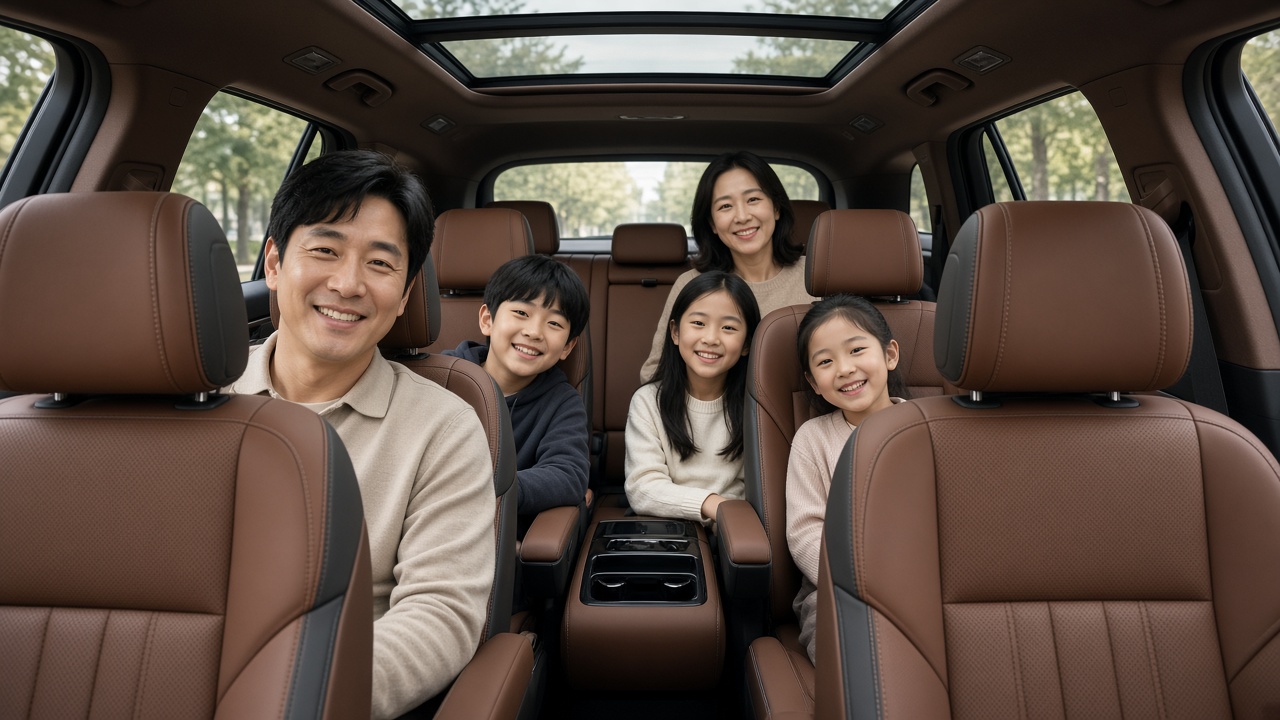 갈색 가죽 시트의 3열 SUV 실내에 부모와 세 자녀가 1열부터 3열까지 앉아 웃고 있는 한국인 가족