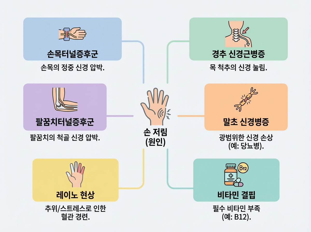 손 저림 원인 6가지를 분기형 플로차트로 정리한 일러스트