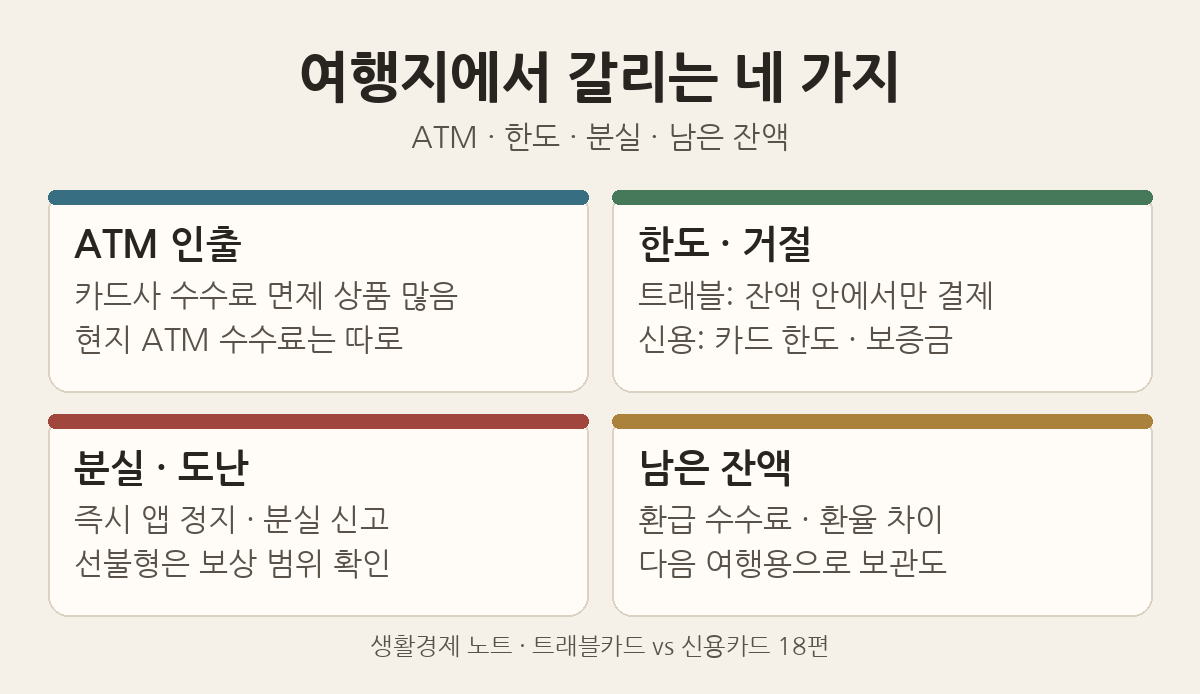 여행지에서 갈리는 네 가지: ATM 인출 수수료, 한도와 결제 거절, 분실·도난 대응, 남은 외화 잔액