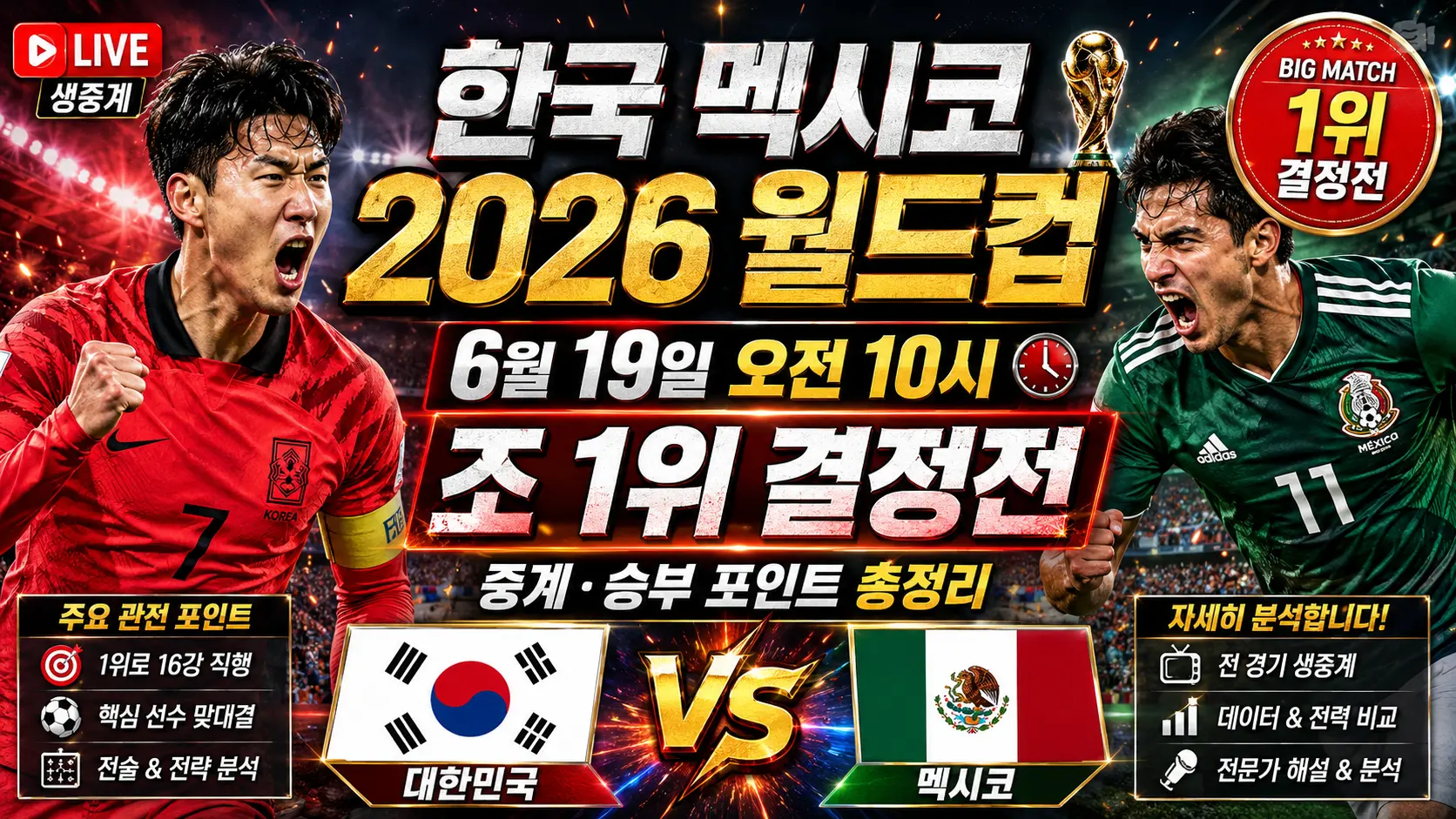 한국 멕시코 2026 월드컵 &mdash; 6월 19일 오전 10시 조 1위 결정전&middot;중계&middot;승부 포인트 총정리
