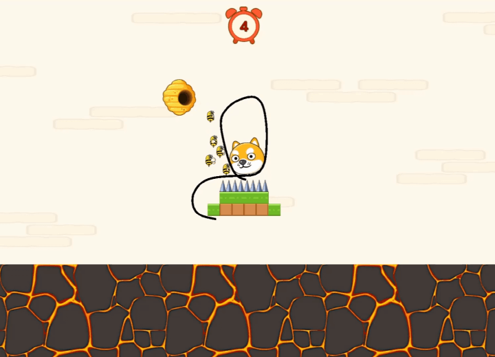 강아지-지키기-게임-플레이-벌의-공격으로부터-강아지를-지키기-위해-선을-그려서-방어하는-화면